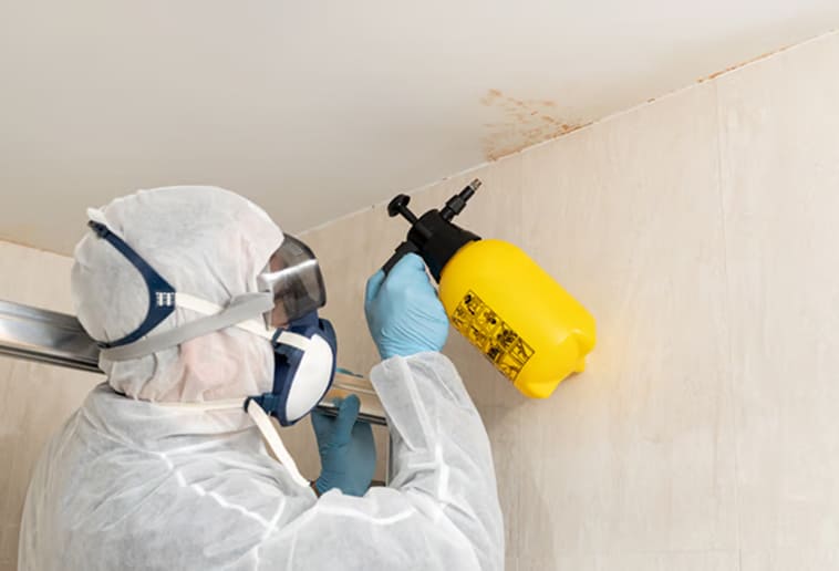 Specialist removing mold growth from a damp wall