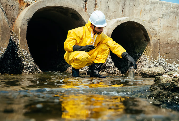 Technician cleaning a sewage backup in a basement