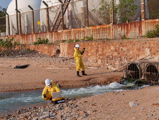 Specialist disinfecting an area after a sewage backup